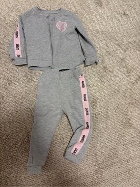 G by Guess Gray and Pink Heart Zip Sweatshirt & Joggers Set